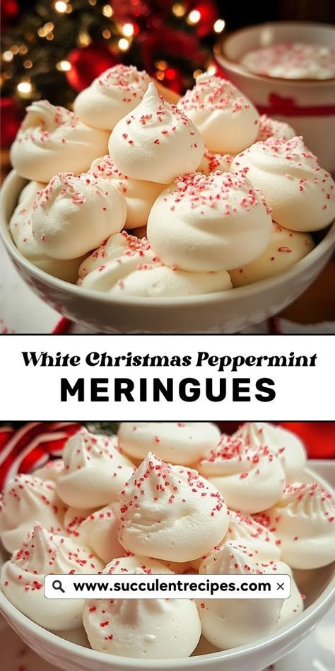 Celebrate the season with these beautiful White Christmas Peppermint Meringues! Crisp on the outside and melt-in-your-mouth soft on the inside, these treats are perfect for adding a touch of holiday cheer to your table. Meringue Christmas Trees Recipe, Peppermint Creme Brulee, Christmas Baking White Chocolate, Peppermint Meringues Recipe, Candy Cane Meringue Cookies, Merengue Cookies Peppermint, Christmas Meringues Cookies, Christmas Sweets To Make, White Peppermint Bark