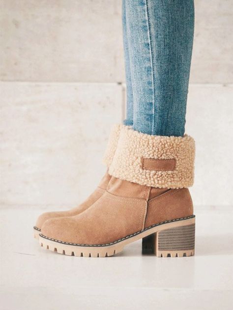 Suede Cotton Lining Chunky Heeled Snow Boots | SHEIN USA Boots For Short Women, Fur Lined Boots, Block Heel Ankle Boots, Boots Uk, Boots Winter, Boots Women Fashion, Womens Mid Calf Boots, Snow Boots Women, Women Boots