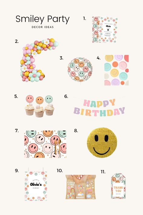 Smiley Faces Birthday Party, Happy Faces Birthday Party, Smiley Face Birthday Party Decorations, 10tg Birthday Ideas, Smiley Decoration Party Ideas, Daisy And Smiley Face Party, Two Smiley Birthday, Smiley Daisy Birthday, Smily Face Cakes