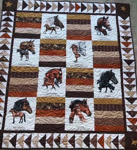 Free Horse Quilt Patterns, Cowboy Quilts Western Theme, Horse Quilts, Masculine Quilts, Cowboy Quilt, Western Quilts, Panel Quilt Patterns, Panel Ideas, Horse Quilt