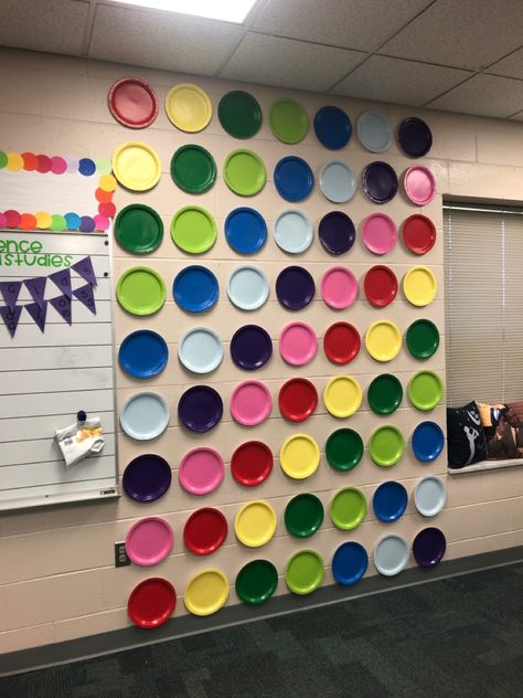 Classroom Decor Hanging From Ceiling, Blank Classroom Wall Ideas, Better Than Paper Classroom Wall Ideas, Awkward Wall Space, Cheap Classroom Decor, Cheap Wall Covering, Classroom Ceiling Decorations, Classroom Ceiling, Art Classroom Organization