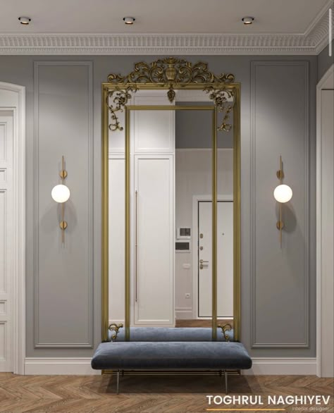 Home Entrance Decor Luxury, Classic Mirror Wall, Neoclassical Interior, Art Deco Interior Design, Foyer Design, Home Entrance Decor, Home Design Living Room, Luxury Homes Interior, Framed Mirror