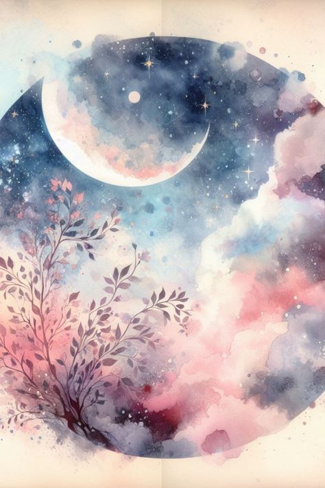 Night Sky Tattoos, Watercolor Night Sky, Library Girl, Modern Watercolor Art, Moon Artwork, Night Sky Painting, Artwork Inspiration, Watercolor Sky, Moon Painting