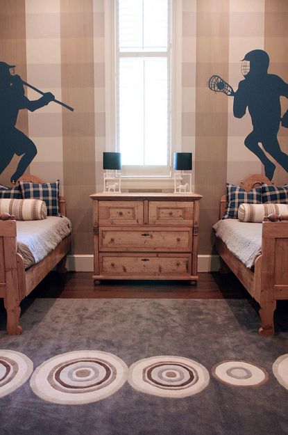 Lucy and Company - boy's rooms - lacrosse boy's bedrooms, lacrosse themed bedrooms, lacrosse theme bedrooms, lacrosse themed boy's bedrooms,... Lacrosse Bedroom, Dress A Bed, Lacrosse Room, Boys Room Inspiration, Toddler Boy Room Ideas, Wood Twin Bed, Teen Boys Room, Boys Lacrosse