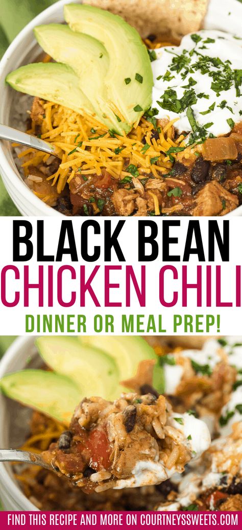 Our Black Bean Chicken Chili is loaded with protein and flavor. Serve over rice with sour cream, shredded cheddar cheese, sliced avocado, tortilla chips and a sprinkle of chopped cilantro. Perfect for dinner or meal prep! #chicken #chickenrecipes #blackbeans #chili #dinnerrecipes #mealprep Healthy Black Bean Recipes, Easy Crockpot Dump Meals, Beans Recipe Healthy, Black Bean Chicken Chili, Chili Recipe With Black Beans, Meal Prep Chicken, Avocado Tortilla, Chili Dinner, Chicken Chili Crockpot