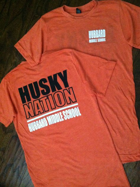 Orange Husky Nation shirt Pep Club Shirts, Spirit Sweatshirt Ideas, School Shirts Designs, Football Shirts Ideas, School Football Shirts, Orange Husky, High School Football Shirts, Cheer Crafts, Cheer Designs