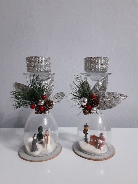 Candle Stand - Etsy Diy Decoupage Christmas Ornaments, Wine Glass Christmas Decorations, Christmas Centerpieces Cheap, Decoupage Crafts, Affordable Christmas Decorations, Christmas Wine Glasses, Candle Decoration, Easy Christmas Ornaments, Glass Christmas Decorations