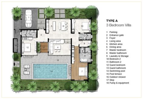 Trichada Villas specifications | quality, master and villa sizes Villa Site Plan Design, Bali Villa Floorplan, Bali Style Villa, Site Plan Design, Resort Design Plan, Small Villa, Villa With Pool, Pool House Plans, Bali House