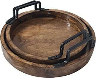 Amazon.com: round wood serving tray with handles Wooden Platters Serving Trays Round, Circle Wood Serving Tray, Round Serving Tray Wood With Handles, Scandinavian Holiday Decor, Wood Trays With Handles Lowe's, Designer Tray, Serving Tray Wood Extra Large Black, Round Wood Tray, Rustic Serving Trays