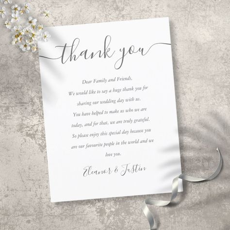 Wedding Reception Script Thank You Place Card | #wedding #thankyou #weddingreceptionguestthankyou #stylish #simple #grayandwhite #engagement #elegantmodernscripttypography #minimalist #romanticwhimsical Shop Wedding Reception, Wedding Thank You Messages, Wedding Wishes Messages, Wedding Guess, Wedding Reception Guest, Wedding Thank You Postcards, Thank You Wishes, Appreciation Message, Wedding Messages