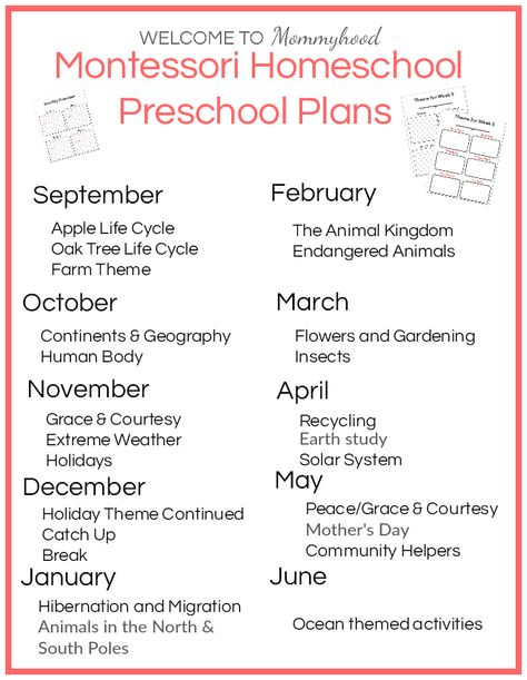 Montessori at Home Preschool Plans - Free Unit Study Printable (4-5 yrs) Kindergarten Weekly Lesson Plans, Montessori Lesson Plans Template, Montessori Lesson Plan, Pre K Homeschool, Montessori Lesson Plans, At Home Preschool, Pre K Lesson Plans, Home Preschool, Montessori At Home