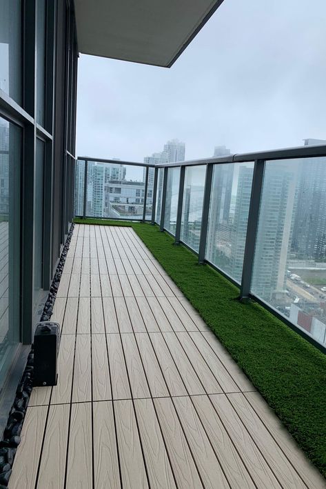 Sometimes, the most luxurious thing is the welcoming feeling of grass beneath our feet. Condo Kandy #BalconyGrass brings the backyard to your condo balcony—without the yard maintenance. Environmentally friendly synthetic grass blades, designed for Canada’s climate. Visit our website to learn more! . . . #kingcharlottecondos @bradjlambinc Balcony Cover, Modern Balcony Design, Balcony Tiles, Condo Balcony, Apartment Balcony Garden, Balcony Design Ideas, Balcony Decoration, Balcony Flooring, Small Balcony Garden