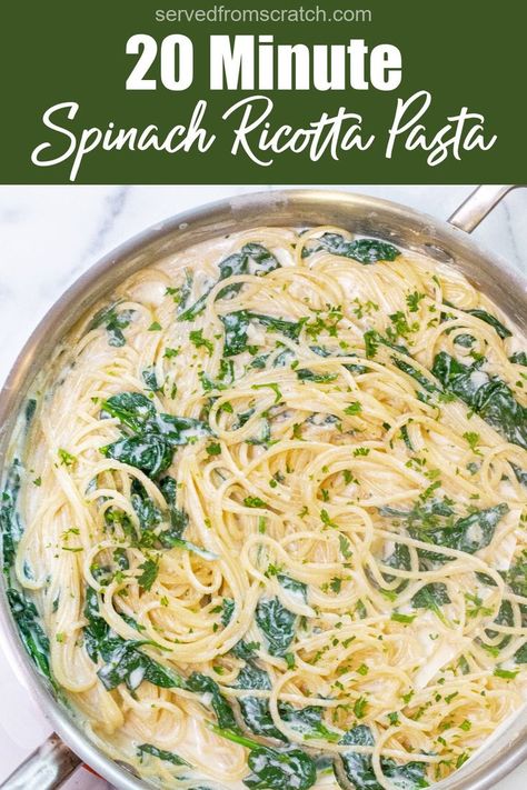 a pan with spaghetti with cream sauce and spinach with Pinterest pin text. Spinach And Ricotta Pasta, Fast Pasta, Spinach Ricotta Pasta, Creamy Cheesy Pasta, Spaghetti With Spinach, Parmesan Cheese Sauce, Homemade Ricotta, Spinach And Ricotta, Spinach Ricotta