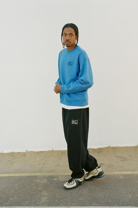 Outlander Magazine on Twitter: "STÜSSY x Nike Air Penny II Collection!🖤 https://t.co/48o6SdslAW" / Twitter Air Penny 2 Stussy Outfit, Black Knit Sweater, Blue Sweatshirt, Fitted Trousers, Black Knit, White T, Hooded Jacket, Wardrobe Staples, Air Max