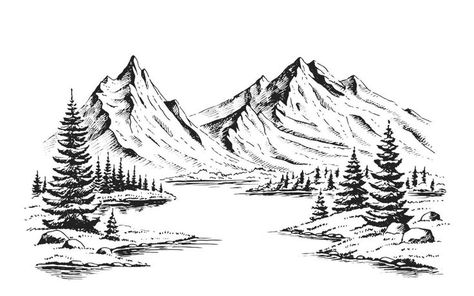 Lake Graphic, Mountain Vector, Forest Sketch, Mountain Sketch, Drawing Scenery, Forest Drawing, Mountain Drawing, Nature Art Drawings, Mountain Illustration