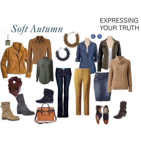 “Soft Autumn” by expressingyourtruth on Polyvore So many capsule wardrobes center around semi-formal clothing. This is a great casual combination that could be a wardrobe for a season or (with a few less shoes) an interesting combination for a fall/winter vacation. #newyearstylechallenge Soft Autumn Deep, Autumn Color Palette Fashion, Soft Autumn Palette, Soft Autumn Color Palette, Estilo Hippy, Fall Color Palette, Soft Autumn, Capsule Outfits, Fall Capsule Wardrobe