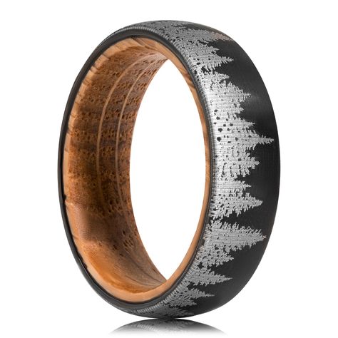 PRICES MAY VARY. Authentic Whiskey Barrel Wood: Highlight the unique and authentic aspect of the Morf jewelry Whiskey Barrel Wedding Ring by showcasing its incorporation of genuine whiskey barrel wood. Customers will appreciate the story behind the ring and the natural beauty of the wood grain, making it a standout choice for those seeking a truly distinctive wedding band. Stunning Forest Scenery Design: Emphasize the exquisite forest scenery design featured on the ring. The intricate details an Rustic Mens Wedding Bands, Mens Jewelry Rings, Whiskey Barrel Wedding Ring, Whiskey Barrel Wedding, Barrel Wedding, Pine Tree Forest, Pine Trees Forest, Forest Scenery, Tungsten Wedding Band