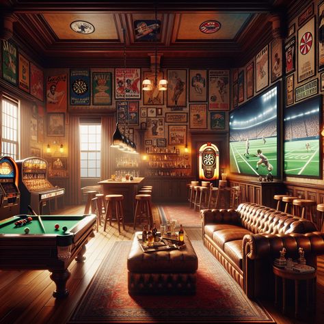 Relax in this vibrant man cave filled with retro posters, sports memorabilia, and a cozy leather couch positioned for a perfect view of an enormous TV. Challenge your friends to a game of pool, darts, foosball, pinball, or poker, or simply sit back with a quality drink from the full-service bar. #Mancave #InteriorDesign #SportsBar #GamerRoom #RetroStyle #HomeBar Cozy Leather Couch, Tv Challenge, Dream Man Cave, Retro Posters, Perfect View, Dream Man, Foosball, Gamer Room, Leather Couch