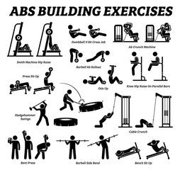 Shoulder and neck building exercise and muscle building stick figure pictograms. Set of weight training reps workout for shoulder and neck by gym machine tools with instructions and steps. Stock Vector | Adobe Stock Ab Crunch, Gym Workout Planner, Muscle Abdominal, Lifting Workouts, Gym Machines, Body Workout Plan, Workout Plan Gym, Stick Figure, Six Packs