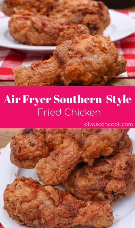 Air Fryer Southern-Style Fried Chicken | Delicious, Crispy Air Fryer Chicken! 😋 😋 😋 🍗 🍗 🍗 #friedchicken #airfryer #southern #crispy #dinner Air Fryer Southern Fried Chicken Recipe, Crispy Air Fryer Chicken, Fried Chicken Recipe Southern, Air Fryer Fried Chicken, Divas Can Cook, Air Fried Food, Air Fryer Oven Recipes, Air Fry Recipes, Southern Fried Chicken