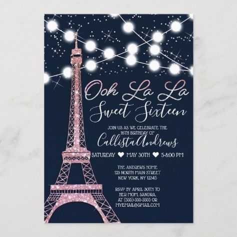 Navy Paris Eiffel Tower Glitter Lights Sweet 16 Invitation #zazzle #weddinginvitations #birthdayinvitations #babyshowerinvitations #zazzleinvitations #monogram #businesscards #graduation #homedecor Quinceanera Theme, Evening In Paris, Handwritten Typography, Girl Birthday Party Invitations, Woman Birthday Party, 30th Birthday Invitations, Sweet Sixteen Birthday, Rose Party, Sweet 16 Invitations