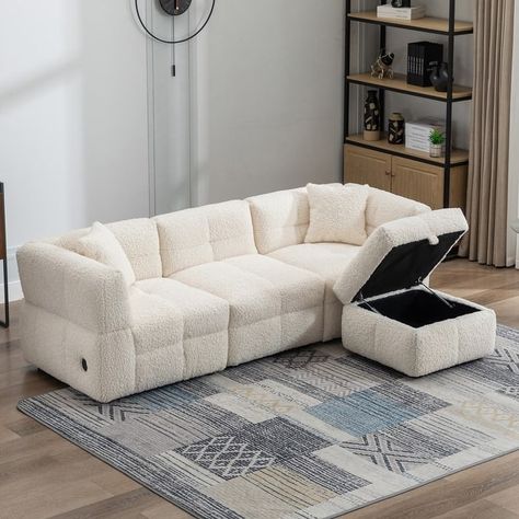 Living Room Sectional Sofa 87.7" Teddy Fleece Fabric Convertible Couch with 2 USB Ports 3 Seat Sofa with Ottoman - Bed Bath & Beyond - 40225706 Ottoman Sectional, Movable Storage, Convertible Couch, High Quality Sofas, Sectional Sofas Living Room, Fabric Sectional Sofas, Apt Ideas, Quality Sofas, Teddy Fleece