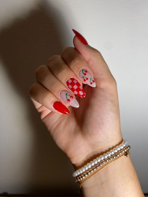 Cherry Nails Acrylic Black, Cherry Spring Nails, Red And Cherry Nails, Hot Pink Cherry Nails, Cherry Checker Nails, Checkered Cherry Nails, Red Checker Nails, Cherry Nails Almond Shape, Summer Nail Ideas Gel Design