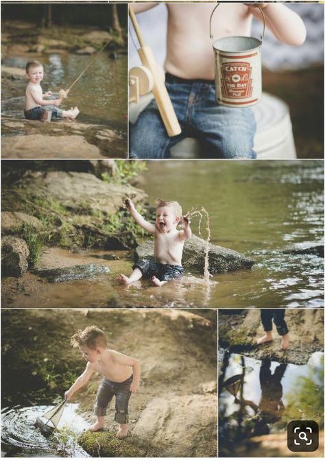 First birthday photo shoot ideas: fishing, creek, river, water play 1st Birthday Fishing Photo Shoot, Little Boy Fishing Photography, Gone Fishing Photo Shoot, First Birthday Creek Pictures, Creek Pictures Kids, Father Son Fishing Photoshoot, Fishing First Birthday Photoshoot, Toddler Fishing Photo Shoot, Baby Fishing Photo Shoot