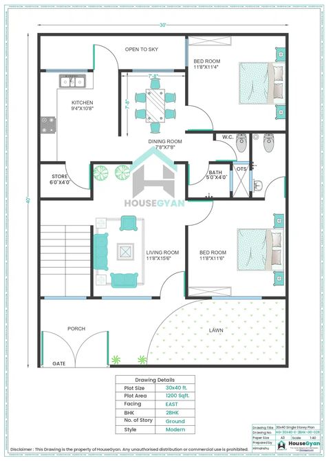 30X40 East Facing 2BHK Ground Floor House Plan | 1200 Sqft Plot Floor Plan Ground Floor House, 2bhk House Plan, House Drawing, Family Living, Maximize Space, Ground Floor, House Plan, Floor Plan, Wellness Design