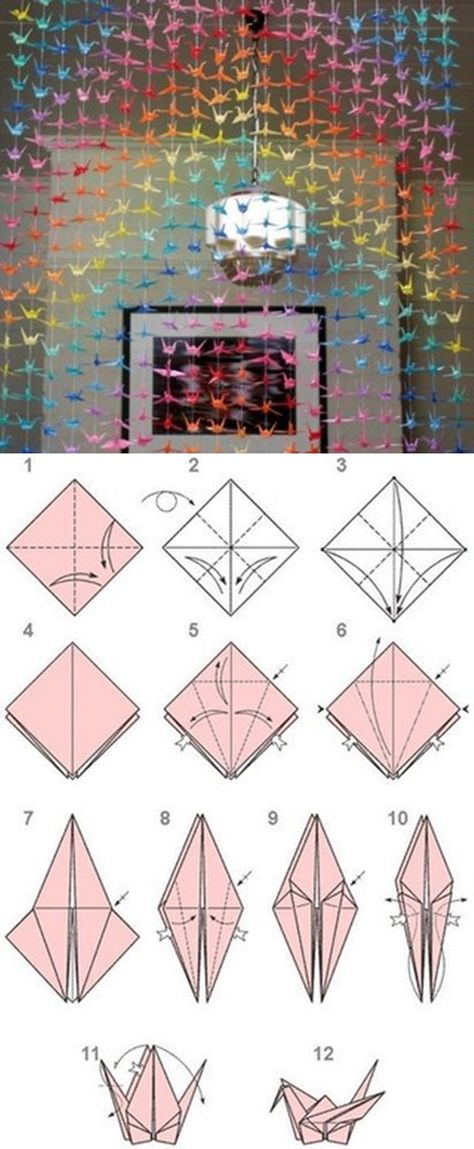 DIY Paper Origami Crane Curtain | www.FabArtDIY.com LIKE Us on Facebook ==> https://www.facebook.com/FabArtDIY Diy Paper Origami, Origami Crane Tutorial, Diy Origami Home, Diy Origami Home Decor, Origami Home Decor, Origami Architecture, Origami Swan, Children Crafts, Origami Ball