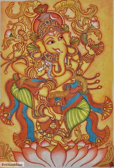 NrithyaGanapthy represents the enjoyable,relaxed form of Ganapthy dancing under KalpaVriksha. Acrylic on Canvas (19" * 26" inches) Kerala Mural Art, Painting Of Lord Ganesha, Dancing Ganesha, Mural Art Design, Ganesh Art Paintings, Painting In Acrylic, Kerala Mural Painting, Indian Art Gallery, Pichwai Paintings