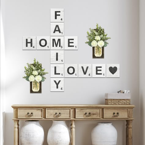 PRICES MAY VARY. Versatile Family Home Love Decor: Our Rustic Crossword Wall Decor is perfect for any home wall decor. It's an ideal hallway decor, adding a personal touch to your space. Comes as 5"x5" wood tiles. High-Quality Wooden Materials: Made from high-quality, sturdy wood, these wooden letters are lightweight yet durable. Whether hallway wall decor or wall letters, these are the perfect choice. Farmhouse Wall Decor: These rustic decor tiles make the perfect family sign, home sign, and lo Farmhouse Decor Wall, Home Family Love Wall Decor, Kitchen Decor Farmhouse Style, Family Wall Art Ideas, Family Wall Ideas, Scrabble Letter Wall Decor, How To Decorate Dining Room Wall, Rustic Farmhouse Wall Decor, Welcome Wall