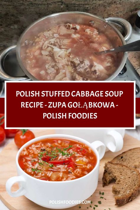 Warm up your winter days with this delectable Polish stuffed cabbage soup recipe. It offers a nourishing and perfectly balanced meal, packed with wholesome ingredients. Indulge in the comforting flavors of this hot and healthy dish. Polish Cabbage Soup, Polish Soup Recipes Poland, Golumpki Recipe Polish Cabbage Roll, Polish Stuffed Cabbage Rolls, Stuffed Cabbage Recipes Polish, Polish Stuffed Cabbage, Polish Soup, Cabbage Roll Soup, Balanced Meals