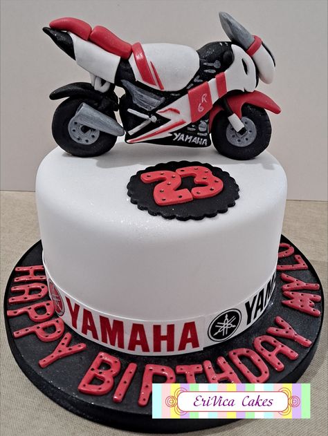 23rd Birthday cake topped with hand made icing Yamaha motorcycle Yamaha Birthday Party, Motor Cake Design, Motor Bike Cake, 23rd Birthday Cake, Motor Cake, Motorcycle Birthday Cakes, Motorcycle Birthday Parties, 23 Birthday Cake, Men Cakes