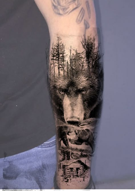 Outdoor Tattoos, Mountain Sleeve Tattoo, Forest Tattoo Sleeve, Grizzly Bear Tattoos, Deer Head Tattoo, Rip Tattoos For Mom, Outdoor Tattoo, Rabe Tattoo, Full Hand Tattoo