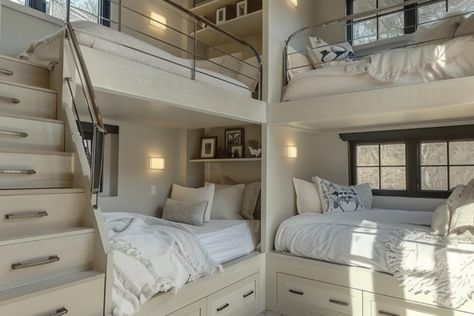 40 Bunk Room Ideas: Designs for Fun, Space-Saving Solutions 3 Bed In One Room Ideas, Lake House Bunk Rooms, Calming Bedroom Colors, Bunk Room Ideas, Calm Bedroom, Bedroom Upstairs, Bunk Bed Rooms, Adult Bunk Beds, Next Bedroom