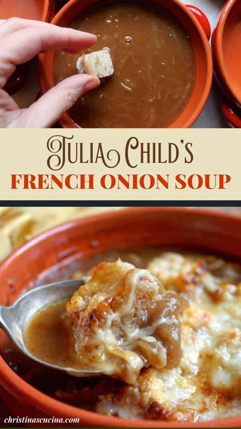 The French onion soup Julia Child made is a classic recipe, but I made one tiny change which I think makes the eating and enjoying of the soup much easier. Sorry, Julia! Homemade French Onion Soup, Best French Onion Soup, Classic French Onion Soup, French Soup, Onion Soup Recipe, Julia Child Recipes, French Onion Soup Recipe, Onion Soup Recipes, Recipe Vegetarian