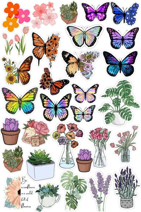 Butterfly Stickers Printable Aesthetic, Cute Butterfly Stickers Printable, Butterfly Aesthetic Design, Aesthetic Butterfly Stickers Printable, Scrapbook Flower Stickers Printable, Cute Stickers Printable Journal Cards, Butterfly Stickers Free Printable, Printable Stickers Flowers, Aesthetic Butterfly Stickers