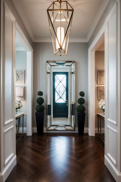 Explore 58 stunning entryway designs showcasing a range of styles for every home, inviting and beautiful; perfect for making a great first impression on guests, using 1 eye-catching image. Luxurious Entryway Foyers, Bold Entryway Colors, Art Deco Entryway, Door Entrance Decor, Classic Entryway, Entryway Colors, Victorian Floor Lamps, Shabby Chic Clock, Transitional Entryway