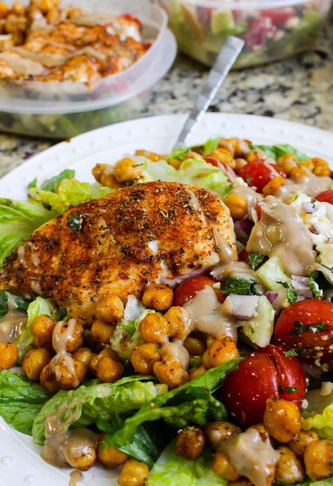 Greek Chicken and Chickpea Chopped Salad Chickpea Chopped Salad, Clean Eating Kids, Greek Chicken Salad, Chicken Chopped Salad, Salad Meal Prep, Tahini Dressing, Prepped Lunches, Greek Chicken, Paleo Dinner