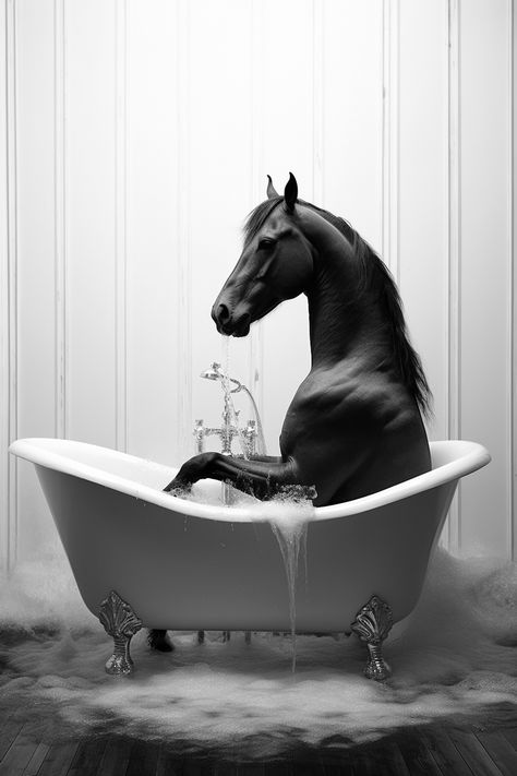 Whimsical Horse in Tub - Printable Wall Art - Horse Photography - Bathroom Decor - Digital Download Horse Bathroom, Horse Posters, Horse Aesthetic, Art Horse, Funny Horse, Bathroom Inspiration Decor, Bathroom Prints, Model Poses Photography, Black And White Posters