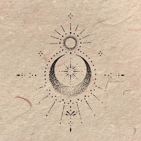 Mystical Sun Tattoo, Moon Energy Tattoo, Sun And Moon Witch Tattoo, Boho Sun Moon Tattoo, Witchy Ornamental Tattoo, Ornamental Celestial Tattoo, Celestial Mandala Tattoo, Mandala Moon Tattoo Design, Magic Moon Tattoo