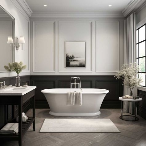 Panelling In A Bathroom, Wainscoting Behind Tub, Bathroom With Black Wainscoting, Master Bath With Wainscoting, Traditional Bathroom Panelling, Modern Bathroom Panelling, Wood Panelling In Bathroom, Bathrooms With Panelling, Panelling Bathroom Ideas