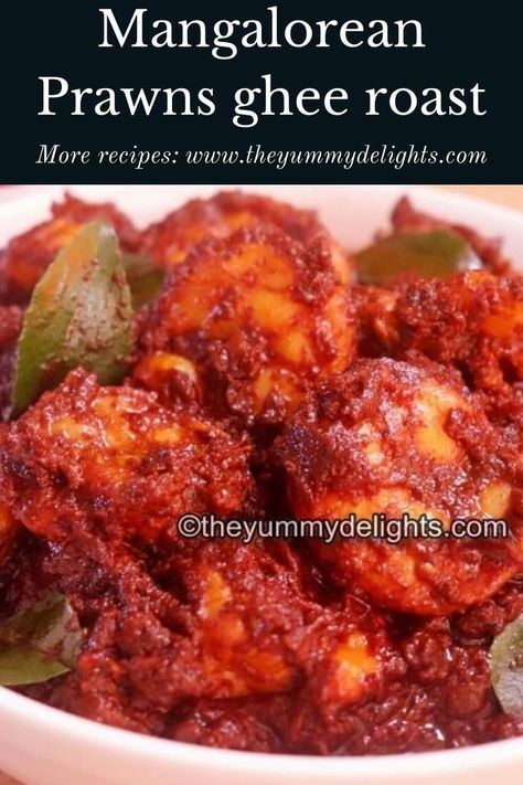 close-upof mangalorean prawn ghee roast. Indian Prawns Recipe, Prawns Ghee Roast Recipe, Ghee Roast Prawns, Mangalorean Recipes, Indian Prawn Recipes, Prawns Roast, Ghee Roast, Quick Recipe Videos, Prawn Masala