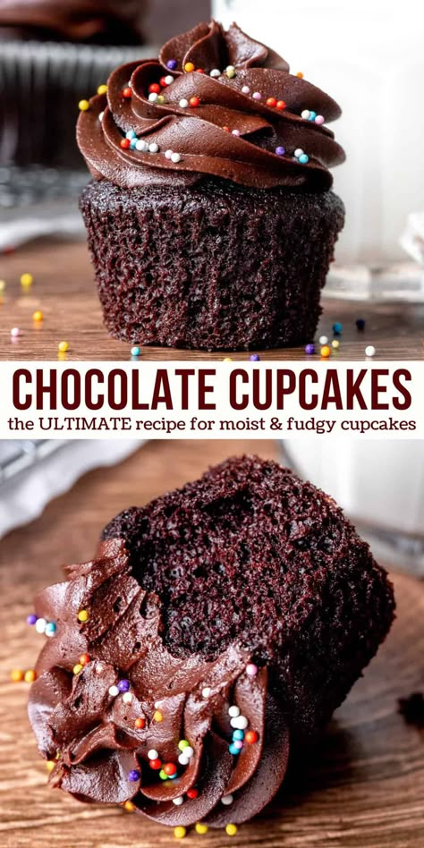 Moist and tender with an extra fudgy chocolate flavor - these chocolate cupcakes are incredible. They stay moist for days thanks to a few key, but simple, ingredients. Better still, the entire recipe can be made by hand without the use of an electric mixer. Top them with chocolate frosting for a double dose of chocolate! #chocolate #cupcakes #doublechocolate #moist #cake #chocolatefrosting #chocolatebuttercream from Just So Tasty Double Chocolate Cupcakes, Creamy Chocolate Frosting, Best Chocolate Cupcakes, Moist Cupcakes, Chocolate Cupcakes Moist, Bakers Chocolate, Homemade Cupcakes, Cupcake Recipes Chocolate, Chocolate Buttercream