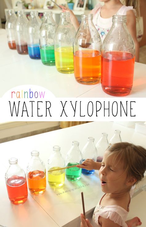 Water Xylophone, Sound Science, Rainbow Activities, Music Camp, Rainbow Water, Homeschool Music, Classroom Idea, Music Week, Preschool Music