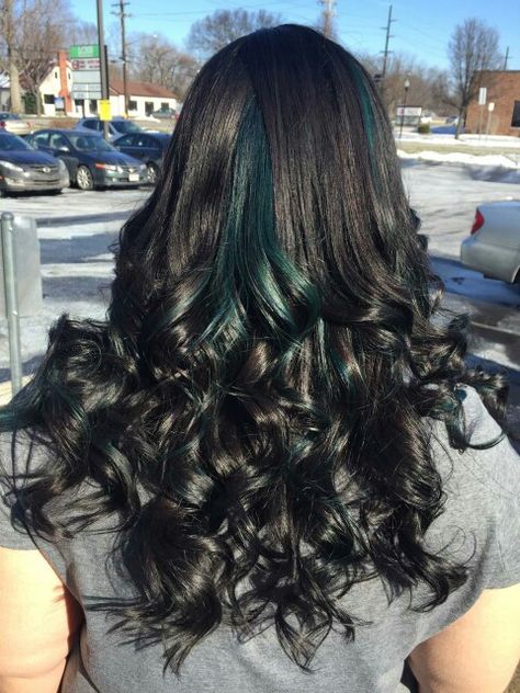 Black Hair With Teal Highlights, Teal Hair Streaks, Black And Teal Hair, Dark Teal Hair, Monster Fashion, Teal Highlights, Calico Hair, Peekaboo Hair, Blue Monster