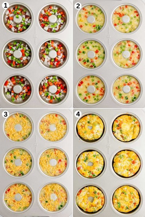 add ingredients into the donut pan. pour egg mixture into the pan. sprinkle cheese on top and bake. Dunkin Omelet Bites Recipe, Donut Pan Recipes Healthy, Donut Pan Recipes, Omelet Bites, Donut Pan Recipe, Eggs With Veggies, Duncan Donuts, Baked Egg Muffins, Muffin Tin Breakfast