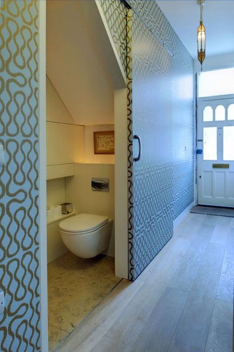 Commercial Bathroom Ideas, Understairs Toilet, Room Under Stairs, Contemporary Powder Room, تحت الدرج, Small Downstairs Toilet, Bathroom Under Stairs, Toilette Design, Small Toilet Room