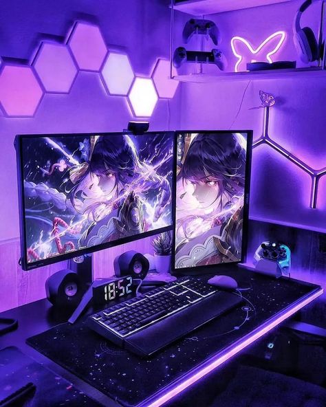 LED Gaming Desk Setup🔥 📸: @nya.games Step into the world of sleek and modern desk setups with our latest feature! Explore the productivity-enhancing designs of our community. 💻 @modtecups Disclaimer: We don’t own this content. The original owner(s) of this content is mentioned above. ___________ #modtecups #moderndesk #minimalistworkspace #aestheticdesign #sleekoffice #aestheticsetup #DIYprojects #homedecor #minimalism #deskgoals #desksetup #productivespaces #minimalsetup #deskinspiration... White And Purple Gaming Setup, Black Gaming Setup, Purple Gaming Setup, Artist Workspace, Sleek Office, Gaming Desk Setup, Desk Setups, Minimalist Desk, Desk Goals